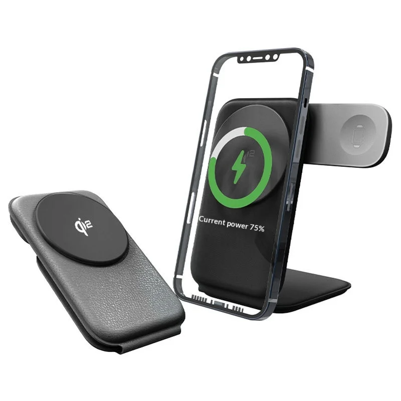 Vertical Folding Three-in-One Magnetic Wireless Charger with 15W QC3.0 Portable Leather Material QI2 Certified