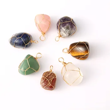 hot selling natural Tumbled stone pendant Hand winding twisted wire necklace pendant Irregular crystal Jade rose quartz jewelry