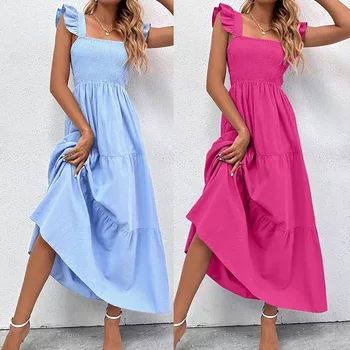 2024 European and American summer new solid color long skirt suspender cake dress women