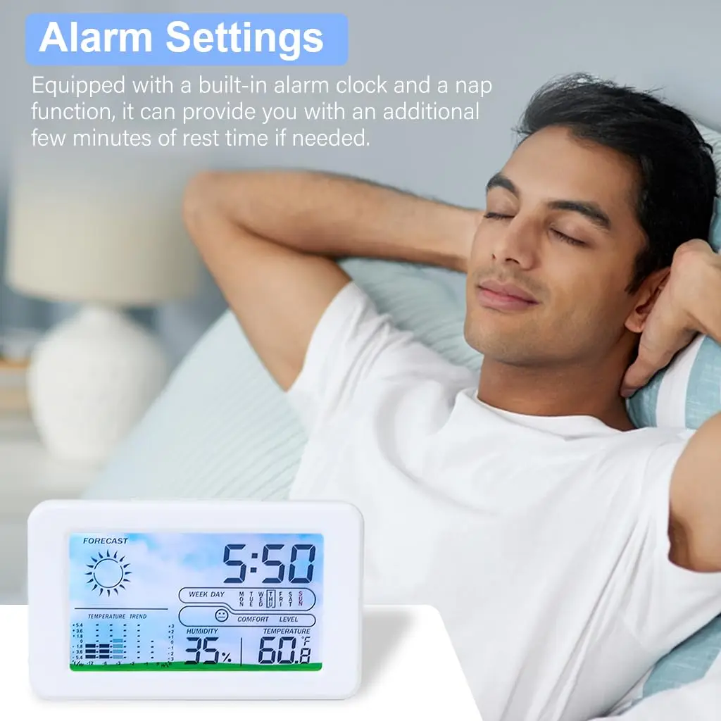 2024 Popular Thermometer Hygrometer Backlight LCD Digital Temperature Battery Operated Desk Alarm Clock with Weather Station