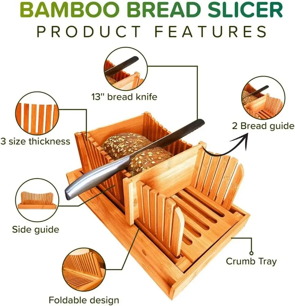 Bamboo Bread Slicer Adjustable Compact Bread Cutting Guide with Knife for Homemade Bread Loaf
