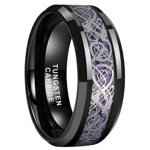 Coolstyle Jewelry 6mm 8mm Purple Carbon Fiber Dragon Inlay Black Tungsten Ring for Men Women Engagement Wedding Band Comfort Fit
