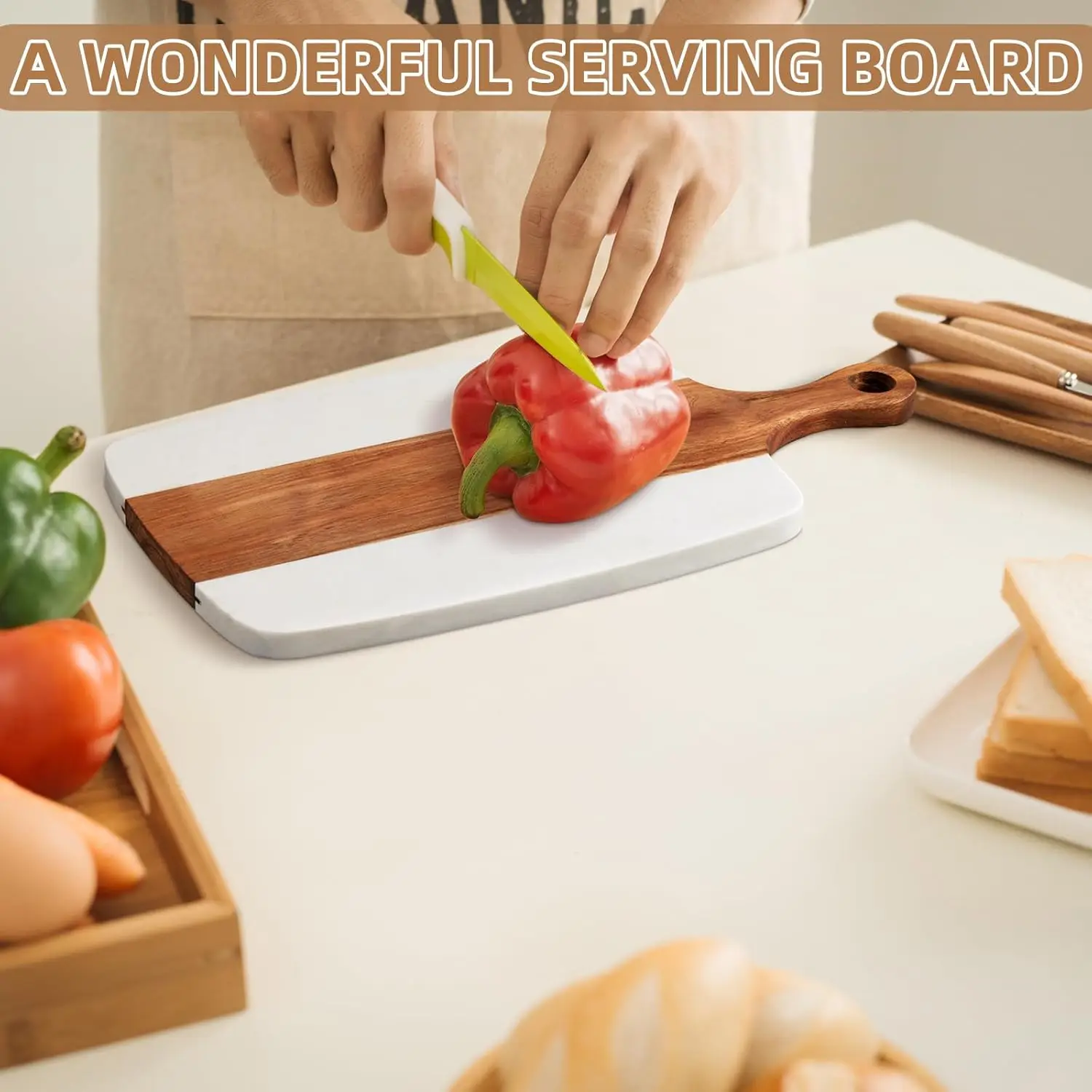 product 6 pcs charcuterie chopping board  acacia wooden marble serving tray with handle marble and wood cutting board for kitchen-8