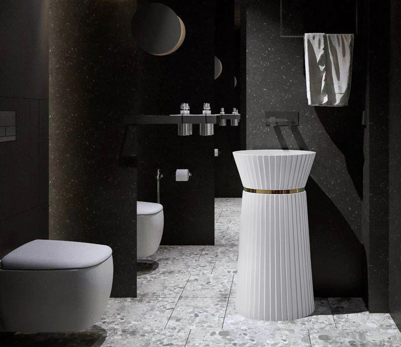 Hotel luxury black artificial stone one piece good quality bathroom freestanding pedestal sink hand wash basin supplier