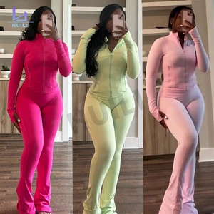 Huili Custom Logo High Quality Zip up Crop Top and Flare Pants Legging Sports Wear Skinny Gym Two Piece Set Tracksuits for Women
