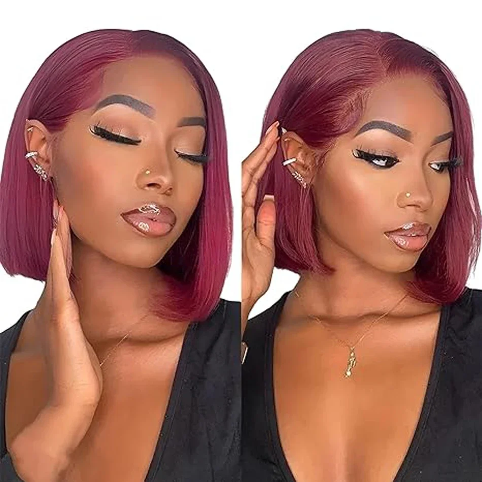 Peluca de cabello humano color borgoña con encaje frontal, densidad 99J, 210 % para mujer_voghion.com