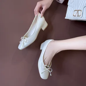 OEM/ODMTextured Bow Beads Slip-On Mary Jane Shoes Women's Thick Heel Square Toe Comfortable Spring Autumn