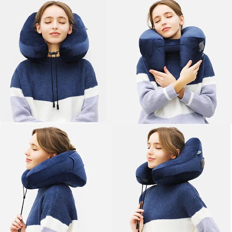 Easy to Inflate and Deflate Inflatable Travel Neck Pillow for Sleeping on Airplane Train Car Bus