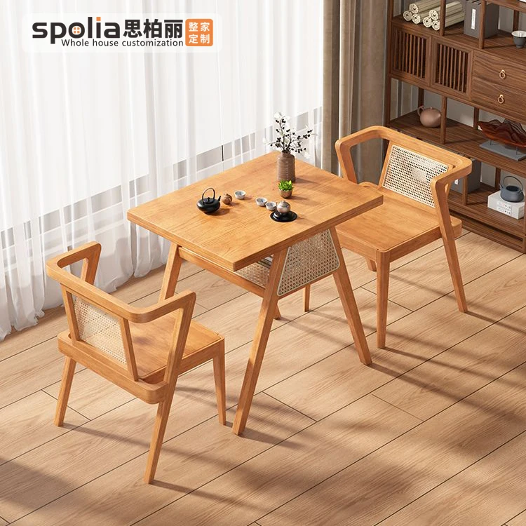 Solid Wood Balcony Dining Table with Rattan Chairs Small Coffee Tea Set for Leisure Courtyard Negotiation Stackable Storage