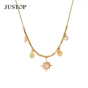 New Unisex Personality Turquoise Link Chain 18K Gold Plated Stainless Steel Pendant Necklace with Retro Charms