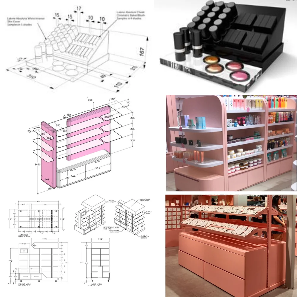 Bespoke Cosmetic Display Engineering Blueprints and Finished Manufacturing Showcase