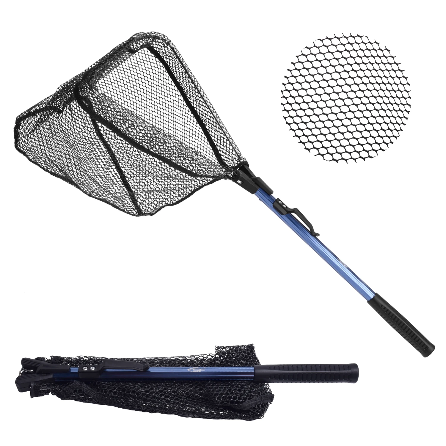 SF Foldable Fishing Landing Net with Collapsible Telescopic Aluminum Pole Handle,Durable Mesh with Rubber Coating 