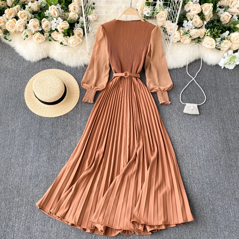 Women Pleated Long Dress Female Elegant Lantern Long Sleeve Draped Maxi  Free Size Dress