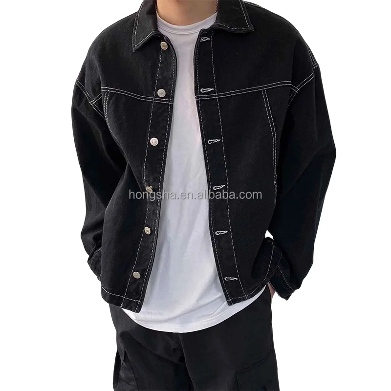 Source Drop Shoulder Mens Jacket Jeans Button Front Denim Biker Jacket For  Men Casual Top Stitching Black Denim Jacket Men HSJ9155 on