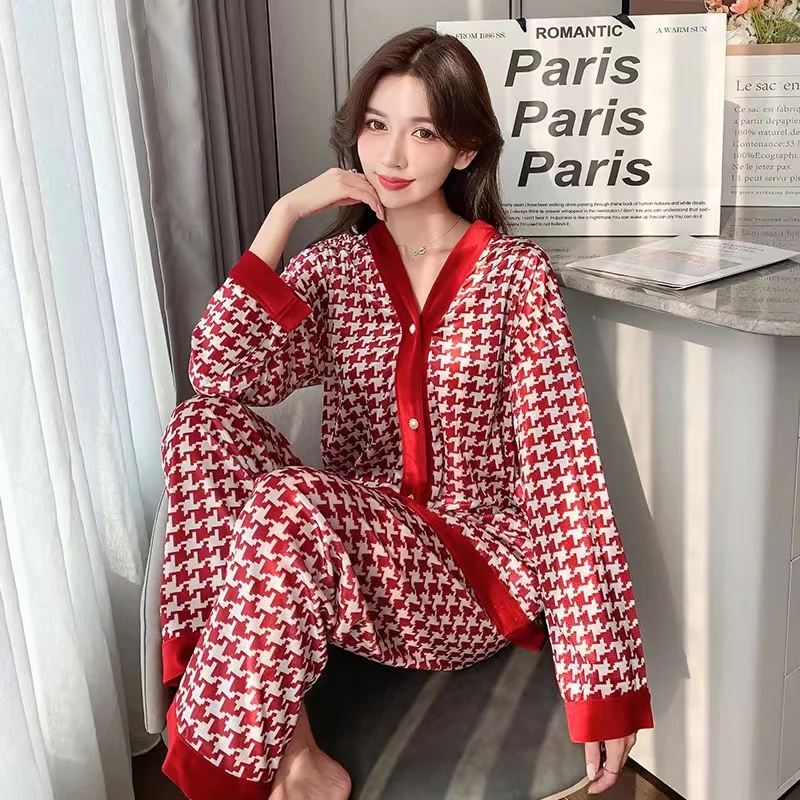 Pajamas Women's Silk Cardigan Long-sleeved Trousers Loose High-end