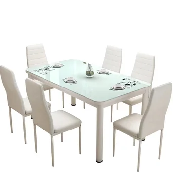 modern Home furniture white dining room table designs hotel tempered glass dining table and 6 chairs dining table set