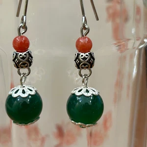 S925 Sterling Silver Pearl Separated Emerald Agate Round Bead Earrings, Fashionable Retro Long Earrings