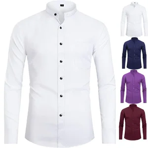 Men's Stand-up Collar Shirt with Four-way Stretch Long Sleeves in Solid Color for Custom-made Formal Wear Without Ironing