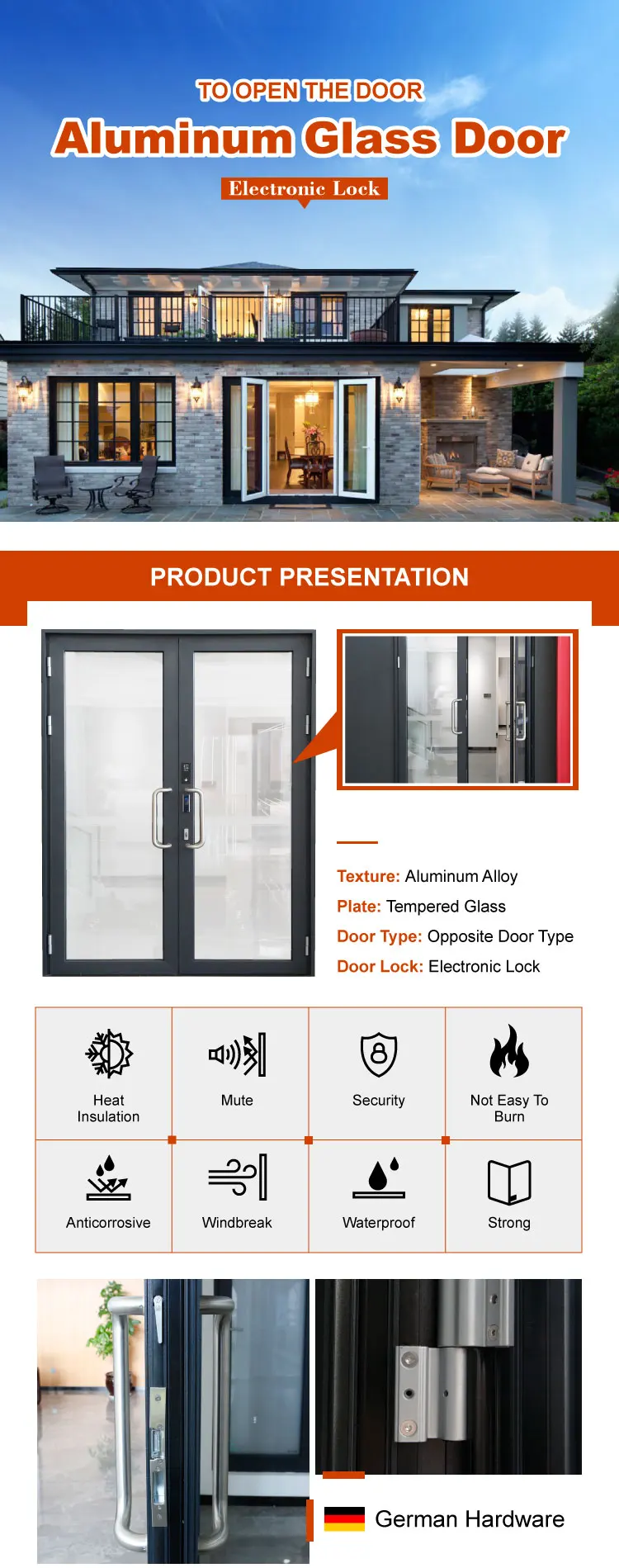 Luxury Aluminum Electric French Door Aluminum Automatic Exterior Double