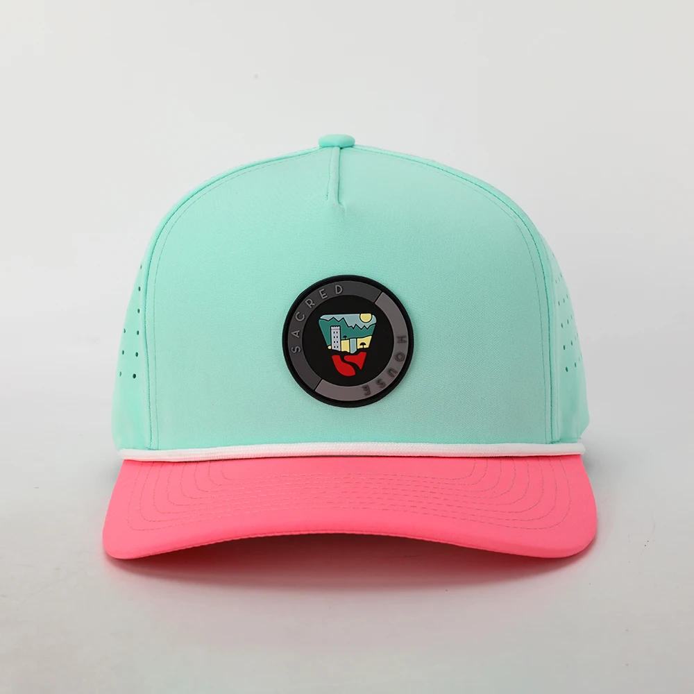 Wholesale Custom PVC Patch Logo Two Tone Polyester Rope Dad Hat,Laser Cut Hole Perforated Gorras,Sports Golf Baseball Cap