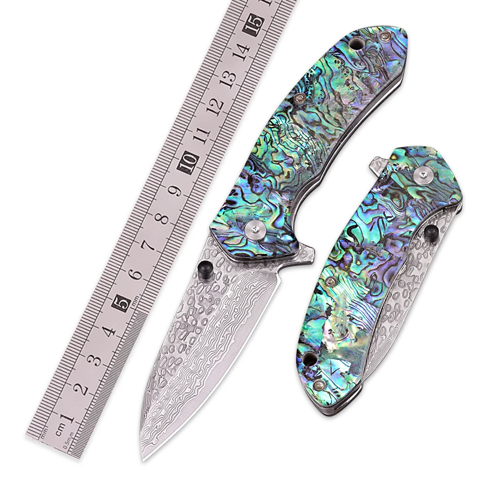 Exquisite Natural Shell Handle Key Knife Damascus Steel Women Portable Self Defense Folding Pocket Knife