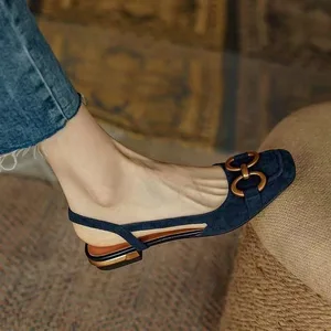 QuiteS French Low Heel Vintage Baotou Sandals for Women 2026 Summer Buckle Suede One Line Flats Comfortable Slippers