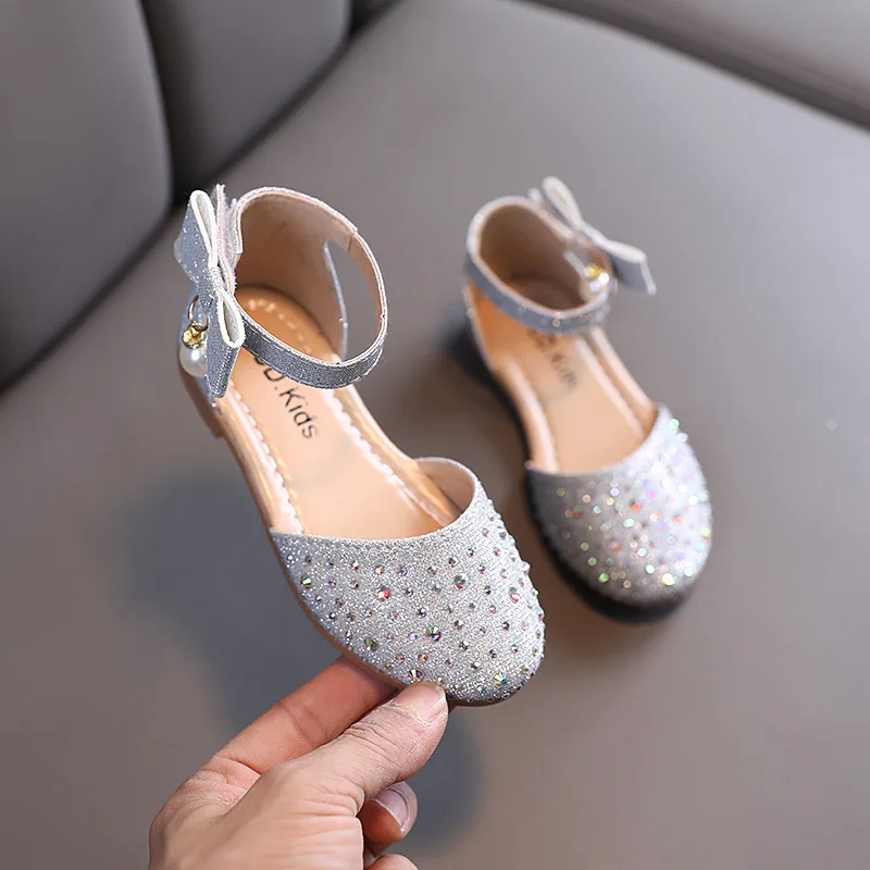 New Spring and Summer New Trendy Kids Sandals Pearl Rhinestone Shoes Fashion Girls Bow Kont Princess Shoes Children