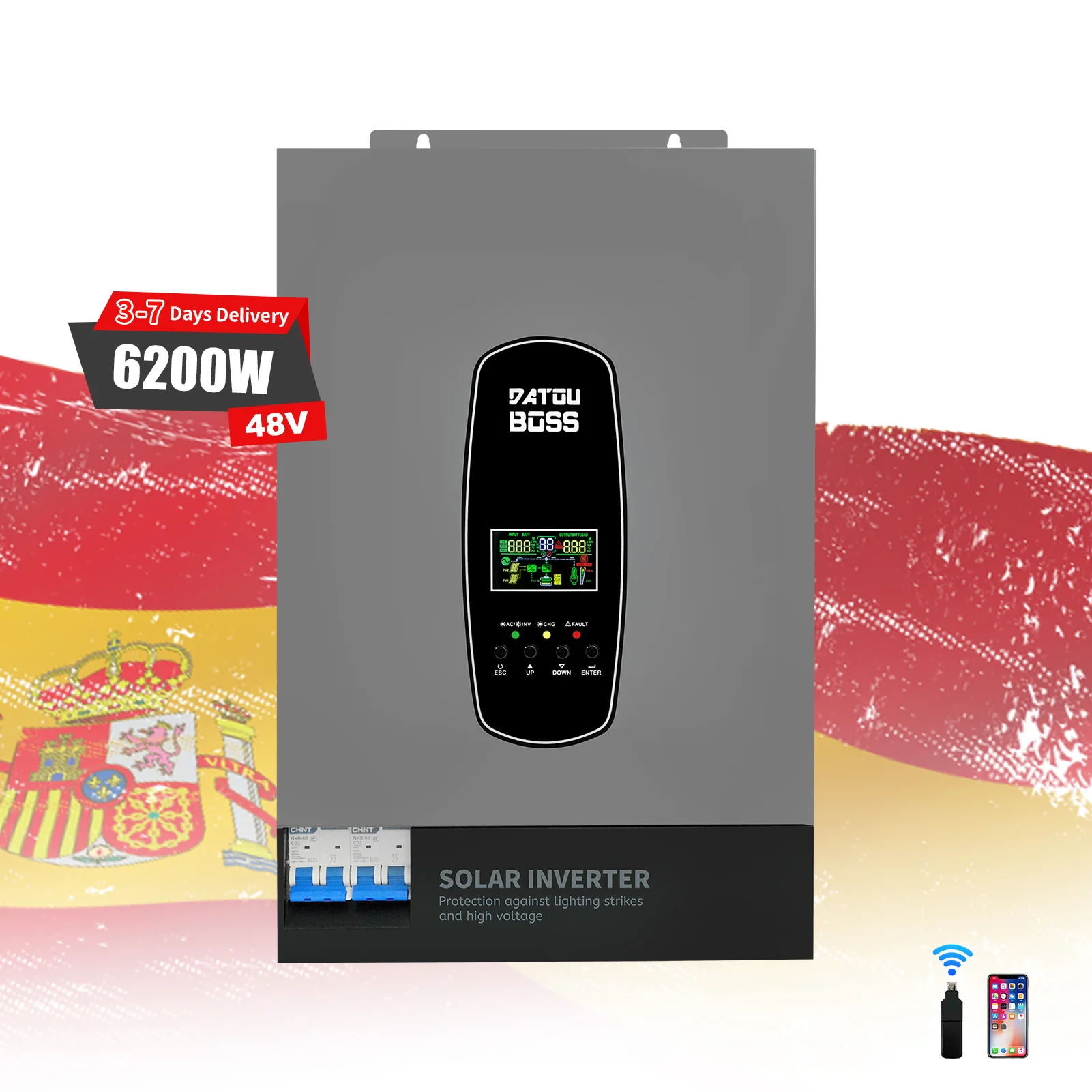 Datouboss EU Stock 48V 6.2KW Hybride Solar Pure Sine Wave Hybrid Inverters 48V To 220/230V Supports Battery Free Operation_voghion.com