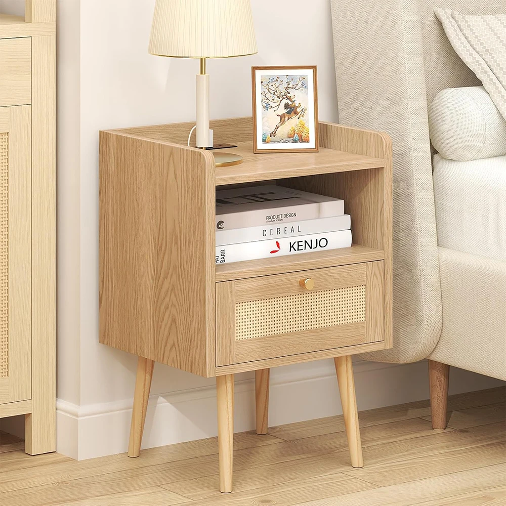product modern wood night stand charging station with storage rattan end table for small space bedroom kids dorm natural-3