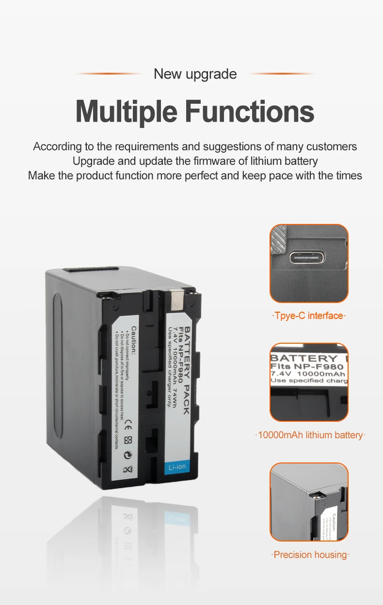 7.4V 10000mAh NP-F980 Battery Pack With Type-C NPF980 Lithium ion Batteries for Sony PLM-100 CCD-TRV35 MVC-FD91 MC1500C Cameras factory