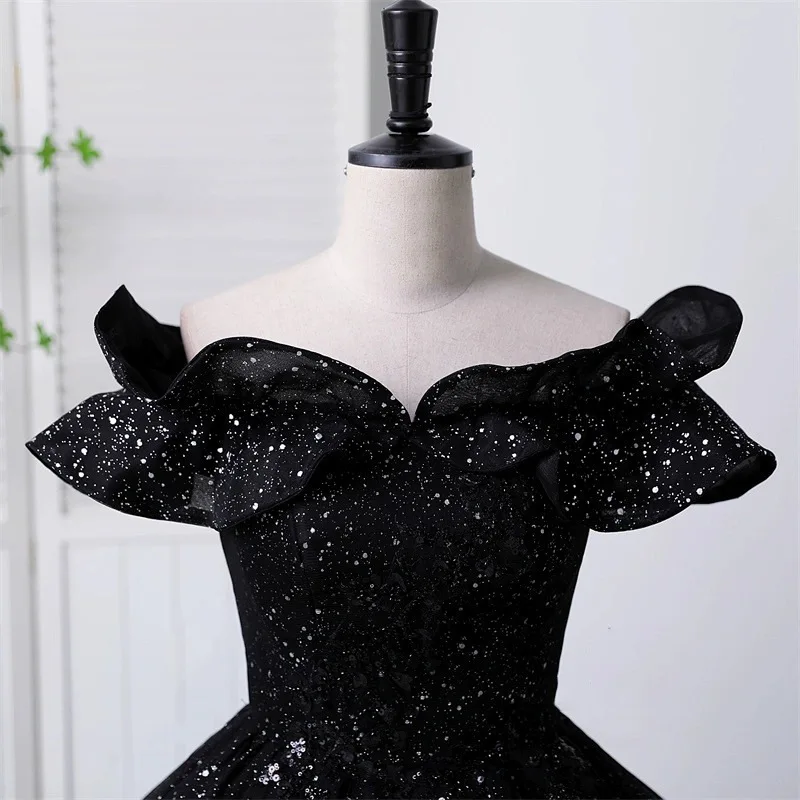 S2364L New High Quality Elegant Black One Shoulder Sequins Korean Style  Velvet Single Dress Performance Costume Wedding Dress| Alibaba.com
