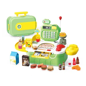 High Quality Girls Pretend Play House Game Toys Plastic Hamburger Fast Food Storage Cashier Machine Toys With Music Light