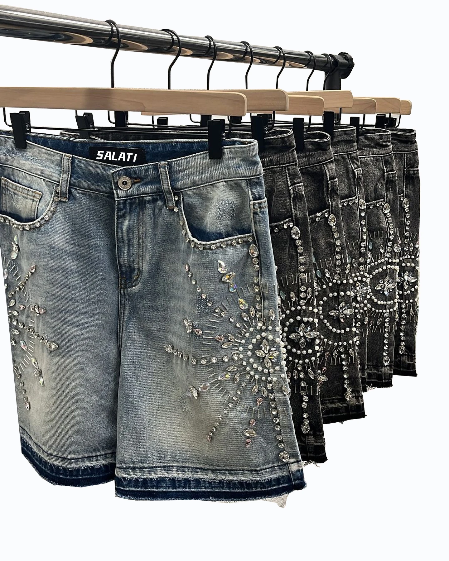 Salati Manufacturer Custom Skate Double Knee Black Rhinestone Distressed Vintage Acid Wash Baggy Jorts Denim Jeans Shorts Men