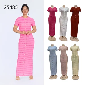 New Style Wholesale Summer French Button Short Sleeve O Neck Single-breasted Knitted A- Line Fashion Women's Dress