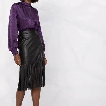 AOPU Waistband fringe with slit string at side women's faux pencil pleated 2022 eco - fringed vegan leather skirt leather skirt