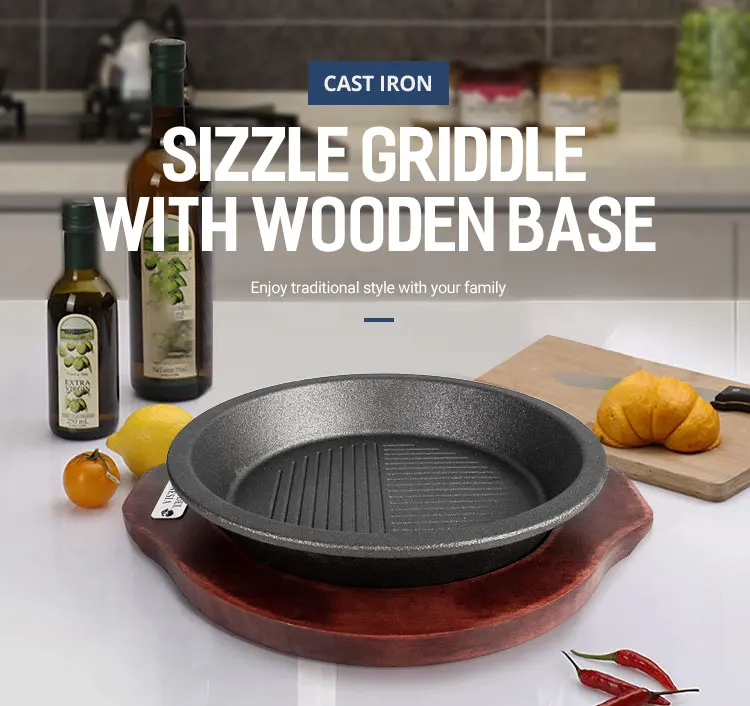 Lot45 Cast Iron Fajita Sizzling Pan - 10in Sizzling Plate with Wooden Base  