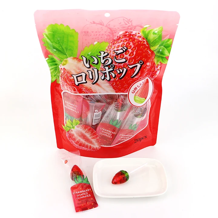 Supply 3D Strawberry shaped soft gummy lollipop pop candy in
