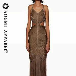 Haute Couture Fashion Ladies Tassel Sling Strap Hip Design Sleeveless Backless Floor-Length A-Line V-neck Eco-Friendly Chiffon