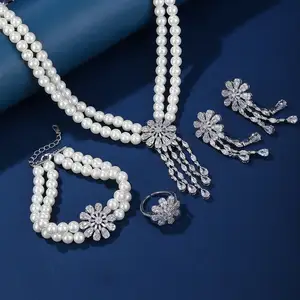 Perfect Gift Jewelry Set for Women, Elegant Zircon Adorned Copper Set, Rhodium Plated Classic Style for Wedding, Engagement