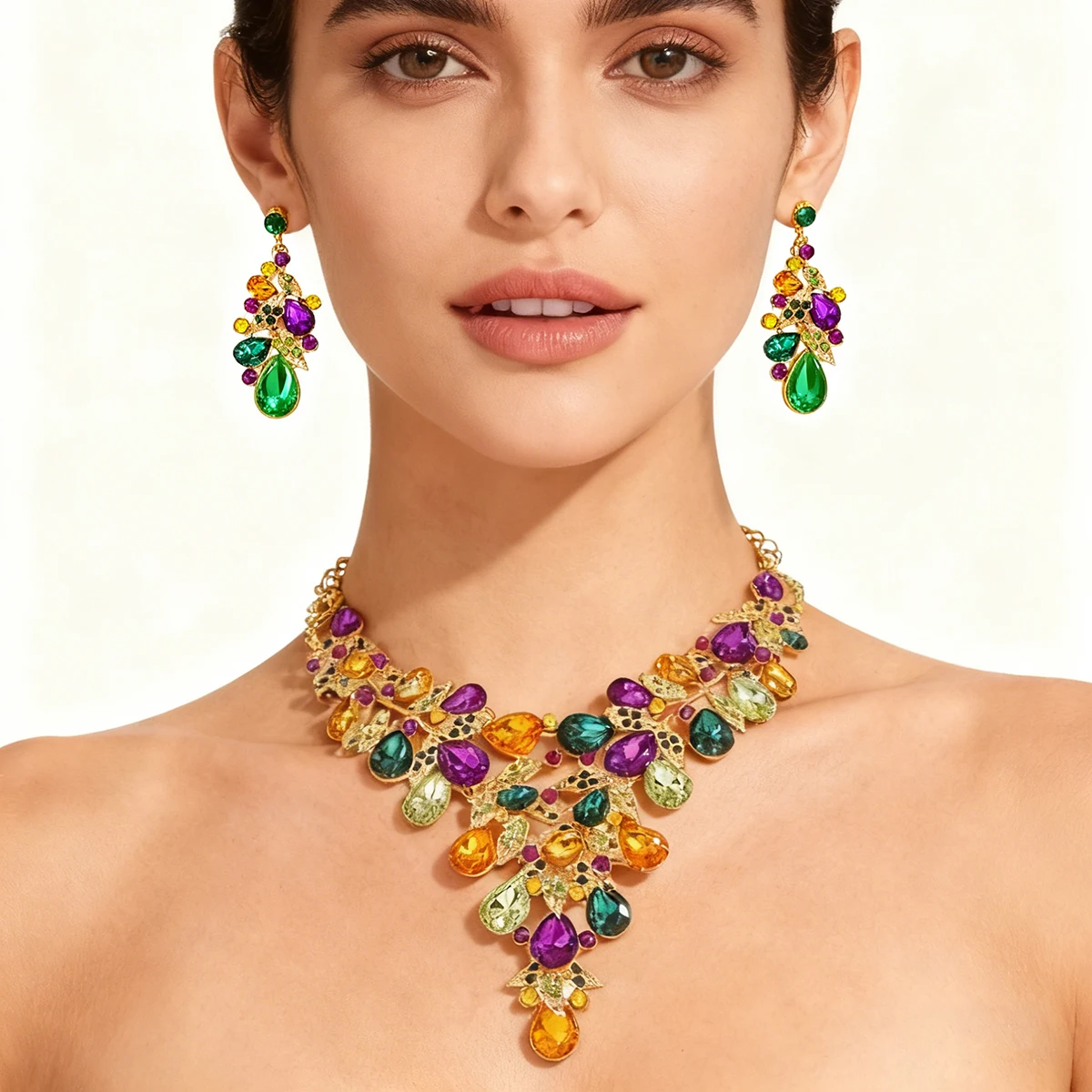 Fashion Carnival Jewelry Set Rhinestone Luxurious Large Necklace Earrings Accessories Co