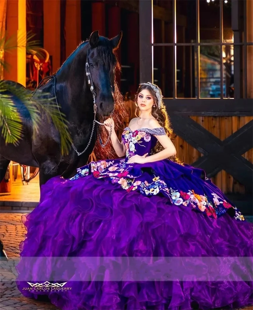 15 birthday dresses purple Quinceanera Dress Mesh Cape Long Ball Gown main image 1