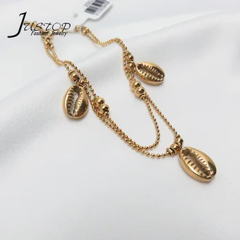 18K Gold Plated Stainless Steel Fancy Chain Double Layer Bracelet With Cowry Charm