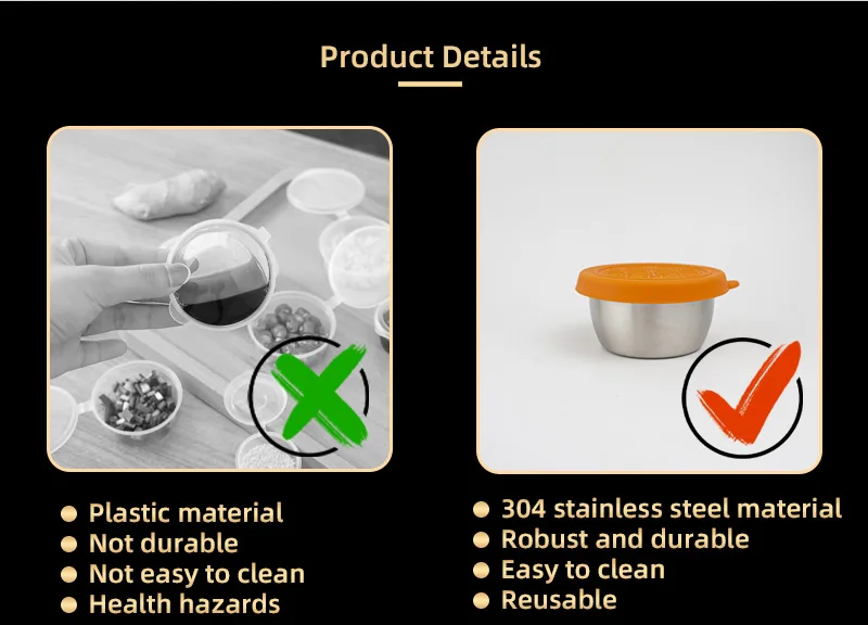 Leakproof Salad Dressing Container Small Condiment Container Stainless Steel Dipping Sauce Cup