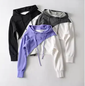 Custom Wholesale Women's Vintage Short Hooded Sweatshirt Fashion Knit Color Block Front Badge Logo for Winter Autumn Seasons