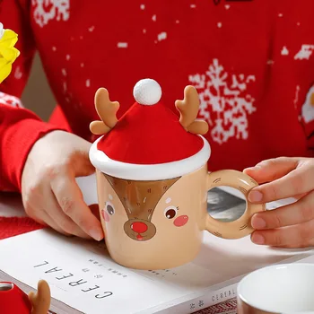 Christmas Ceramic Mugs, 380ml Reindeer Coffee Cups with Spoon