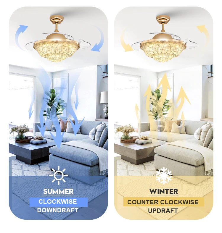 42/52 inches Luxury Crystal Remote 40/50w Chandelier Reversible Invisible Retractable Ceiling Fan with Light