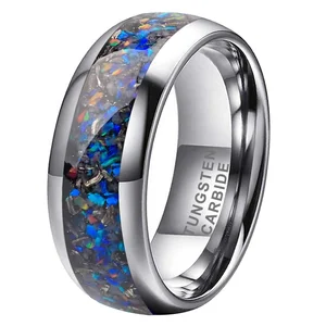 Coolstyle Jewelry 8mm Engagement Wedding Band for Men Women Meteorite Colorful Opal Chip Inlay Tungsten Carbide Ring