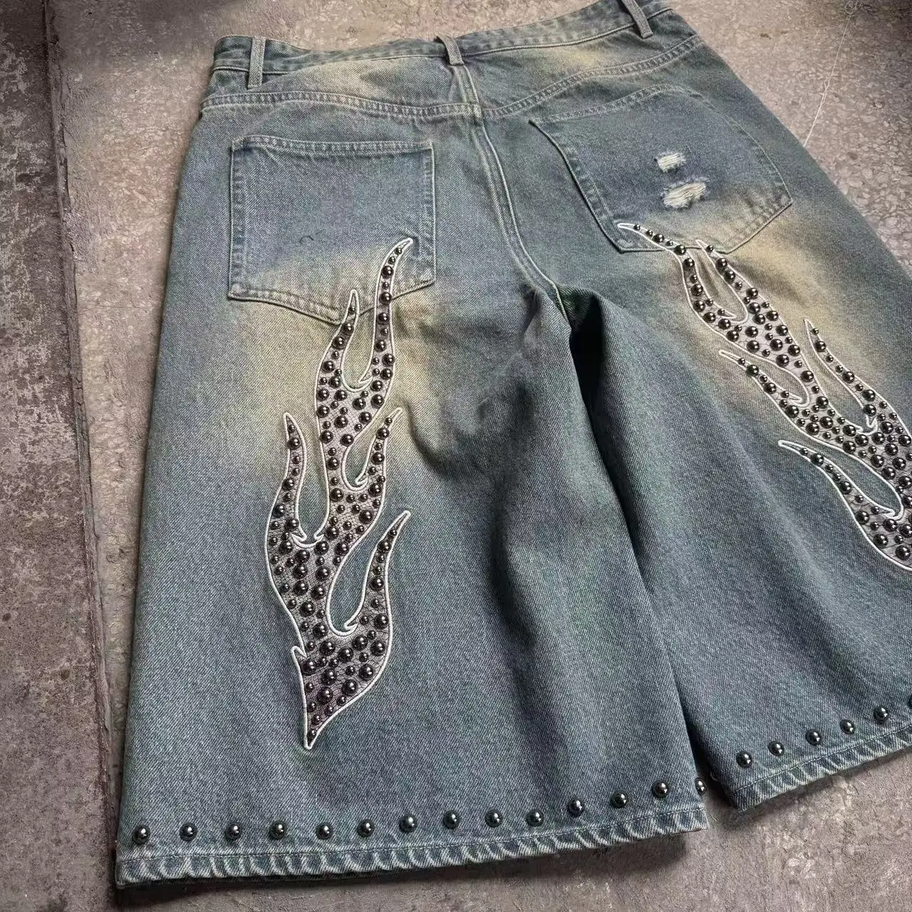 High Heavy Quality Jorts Rhinestones Distressed Summer Streetwear Denim Shorts for Men Custom Men's Baggy Denim Shorts gallery 5