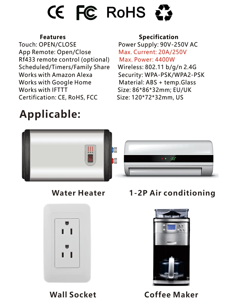 Smart Water Heater Switch Us Au 20amp Smart Air Condition Switch Glass