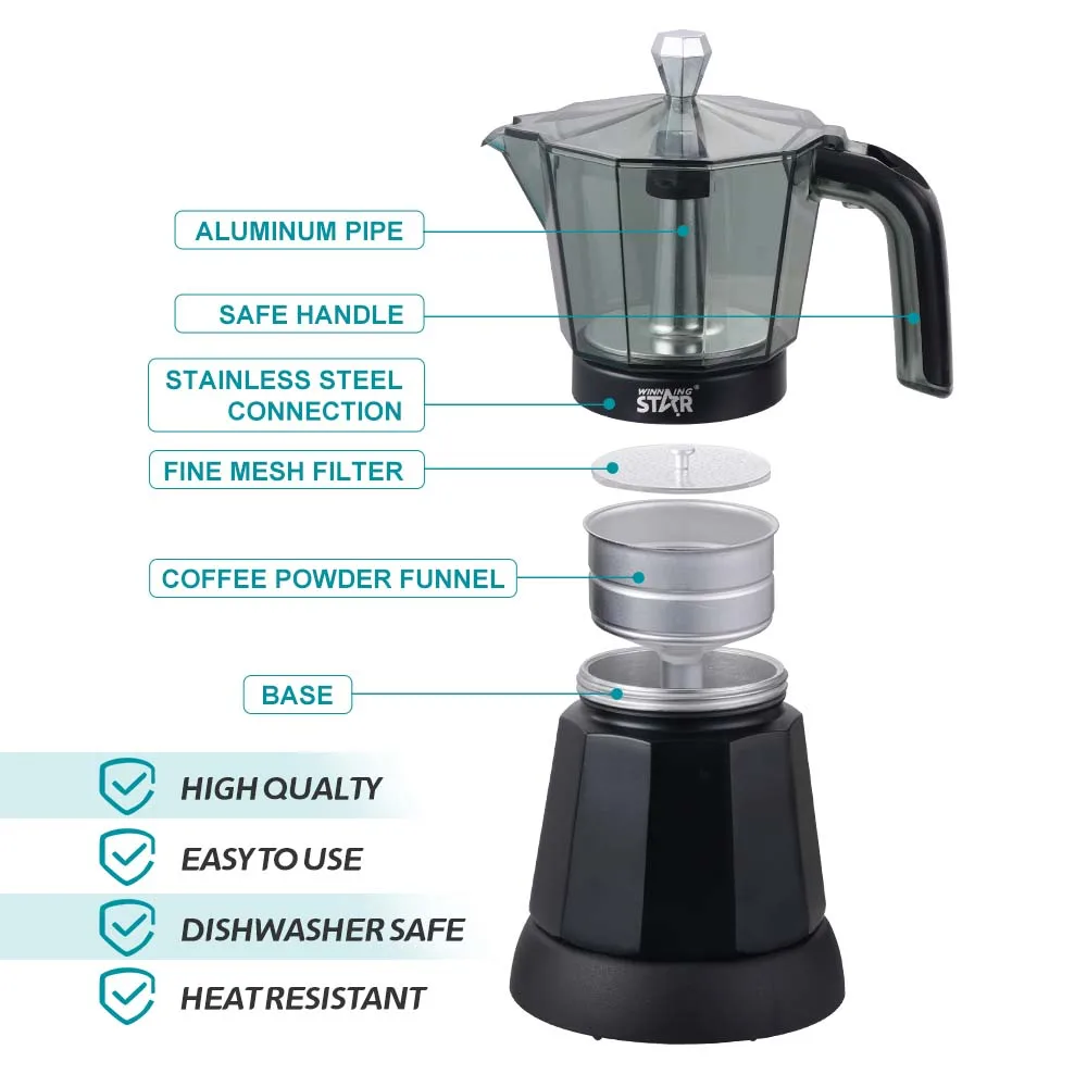 Winning Star ST-6802 6 Cup Black Electric Moka Pot - Italian
